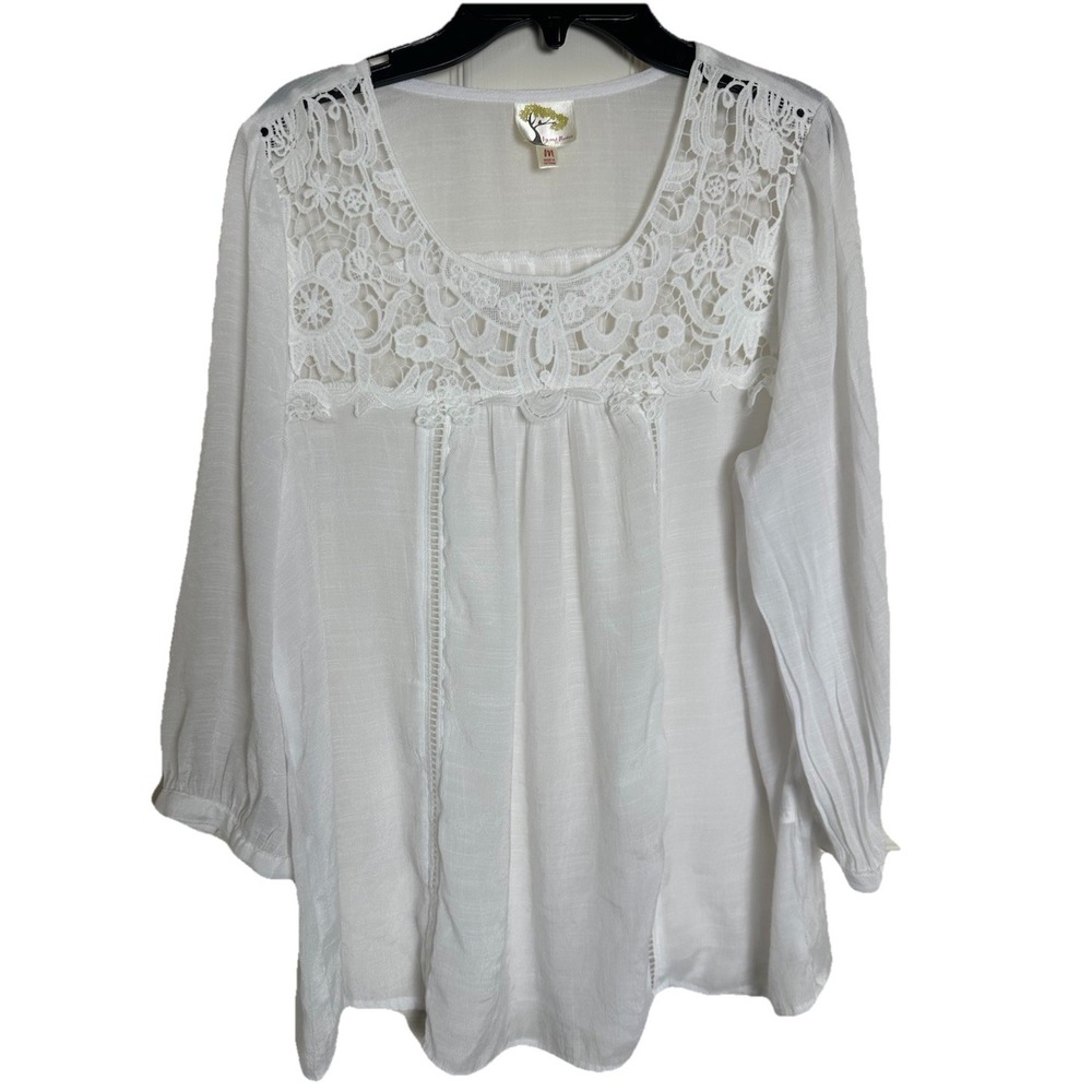 Fig And Flower White Sheer Floral Flowy Lace Blouse‎ Woman's Size Medium (READ)